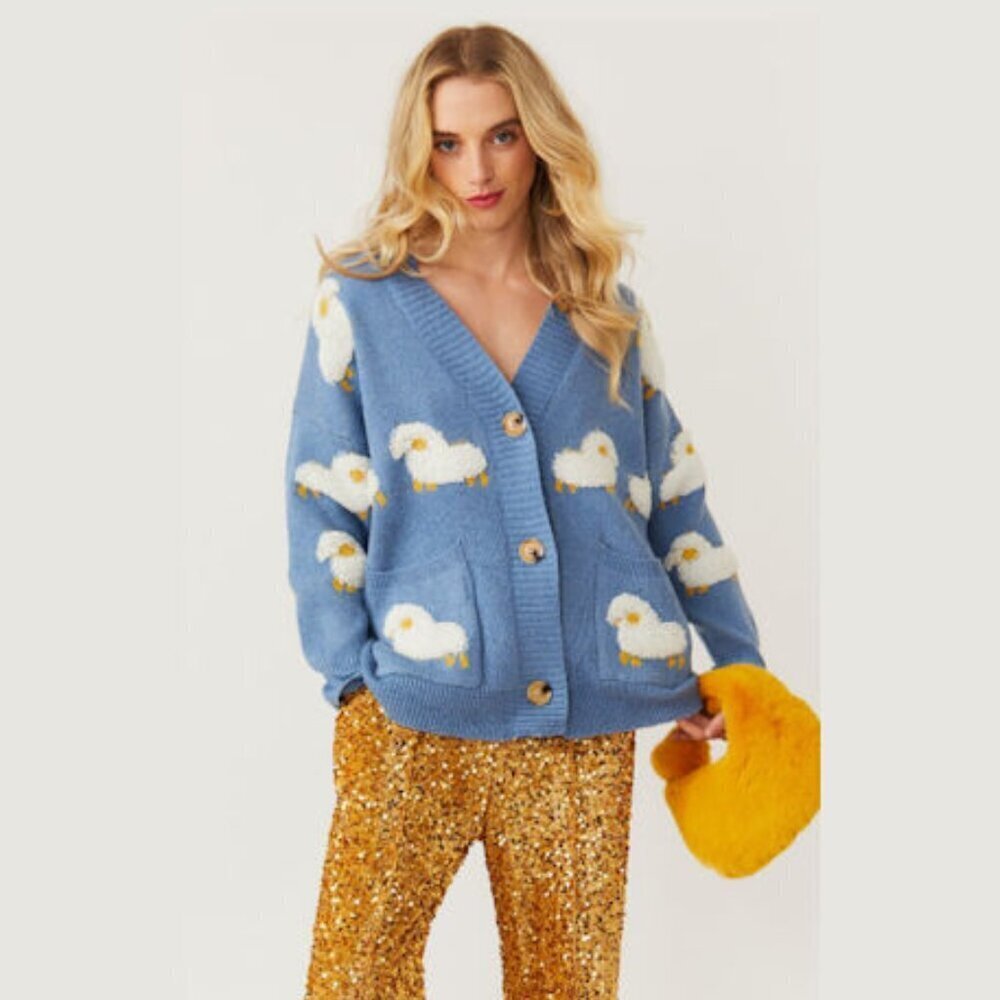 Bo-Peep Sheep Design Oversized Cashmere Blend Cardigan